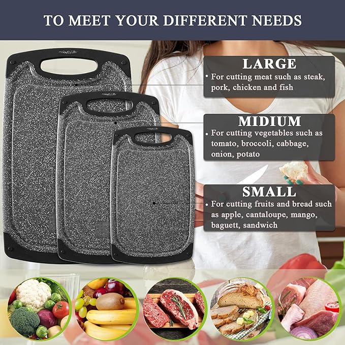 Viretang Plastic Cutting Boards Set of 3 Extra Large for Kitchen, Thick Chopping Board with Deep Juice Grooves, Non‑Slip Feet, Easy Grip Handle, BPA Free, Dishwasher Safe,Black - Image 8