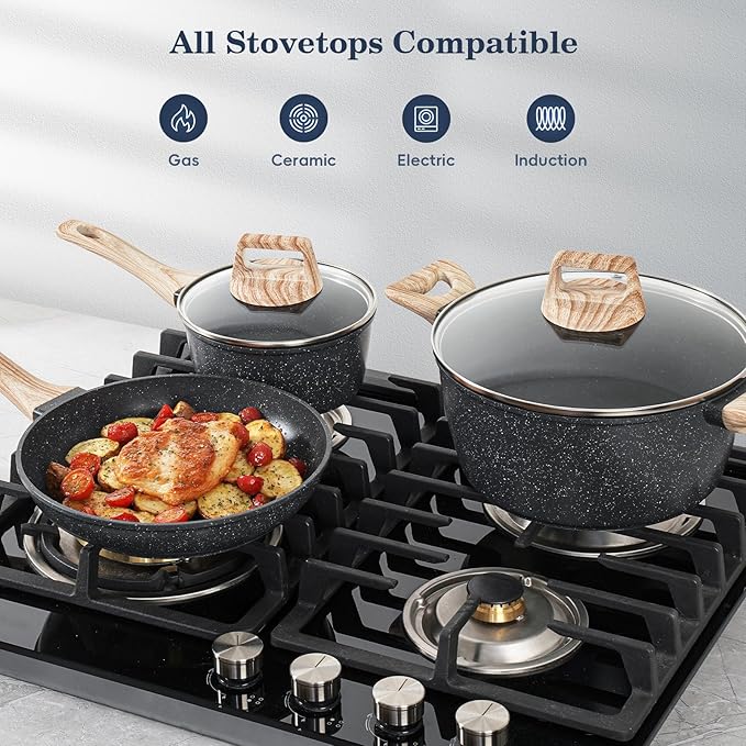 SODAY 12 Pcs Pots and Pans Set Non Stick, Cookware Sets Black Granite Induction Cookware, Non-toxic Healthy Nonstick Kitchen Cooking Set with Frying Pans Set, Saucepans (PFAS/ PFOA/ PFOS Free) - Image 7