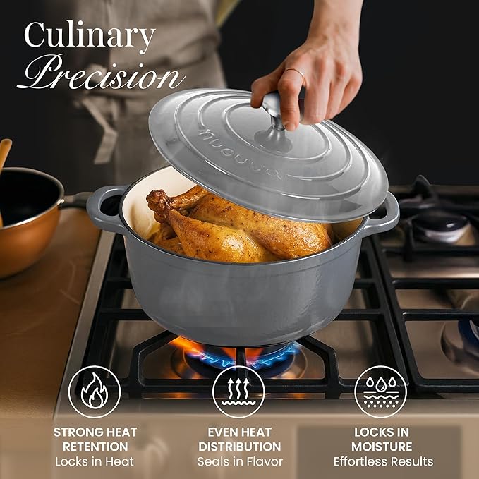 Cast Iron Pot with Lid – Non-Stick Ovenproof Enamelled Casserole Pot, Oven Safe up to 500° F – Sturdy Dutch Oven Cookware – Grey, 5-Quart, 24cm – by Nuovva - Image 6