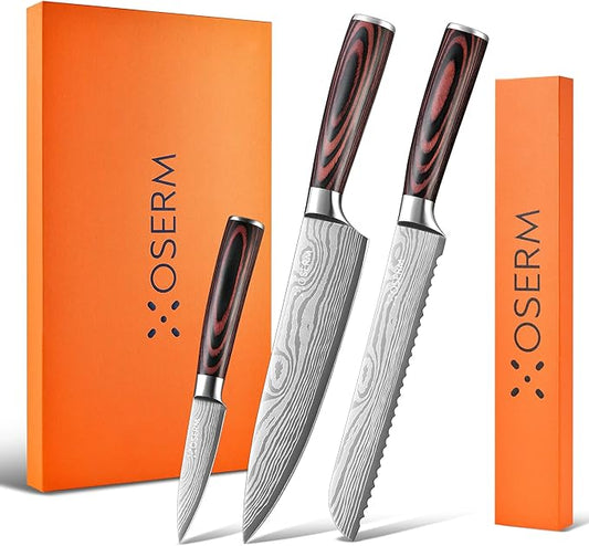 Kitchen Knife Set, 4 PCS (3+1) Chef Knife Set, Razor Sharp High Carbon Steel Knives Set, Gift Ready Knife Set with Orange Gift Box, Includes An Additional 8" Chef Knife (Boxed Separately)