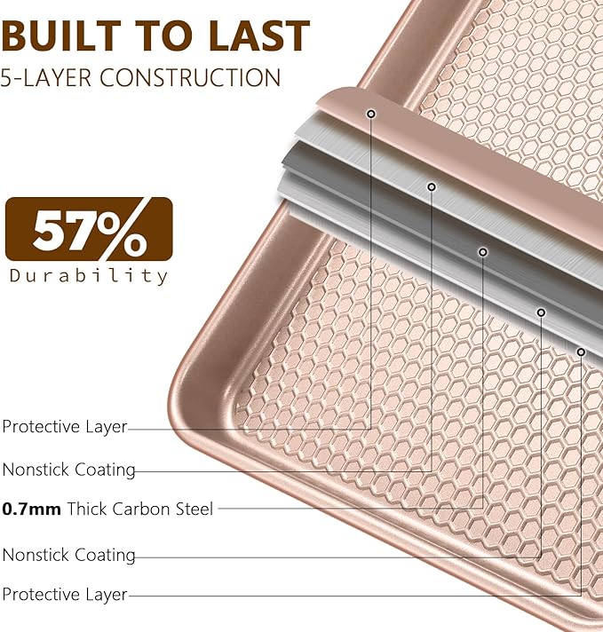 Wildone 2 Pack Half Sheet Baking Pans, Honeycomb Embossed Nonstick Baking Sheet 17.5x12 In, Thicker Carbon Steel Cookie Sheet, Even Heating & Warp Resistant, Rose Gold - Image 3