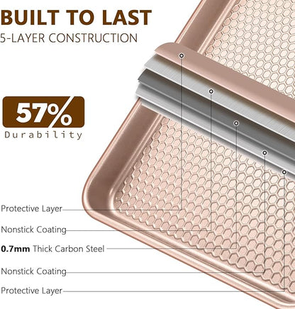 Wildone 2 Pack Half Sheet Baking Pans, Honeycomb Embossed Nonstick Baking Sheet 17.5x12 In, Thicker Carbon Steel Cookie Sheet, Even Heating & Warp Resistant, Rose Gold - Image 3