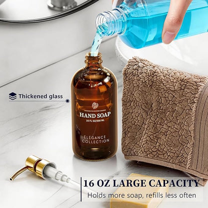 Amber Glass Soap Dispenser Set of 2, 16oz Hand and Dish Soap Dispenser for Kitchen & Bathroom, Gold Stainless Steel Pump, Non-Slip Base, 14 Waterproof Labels, Organic Decor - Image 5