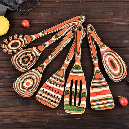 Gudamaye Pakkawood 7-Piece Red Wooden Cooking Utensils, Wooden Spoons for Cooking,Wooden Spoon Set, Wooden Kitchen Utensil set, Pakkawood kitchen Utensils for Serving, Bridal Shower Gifts - Image 8