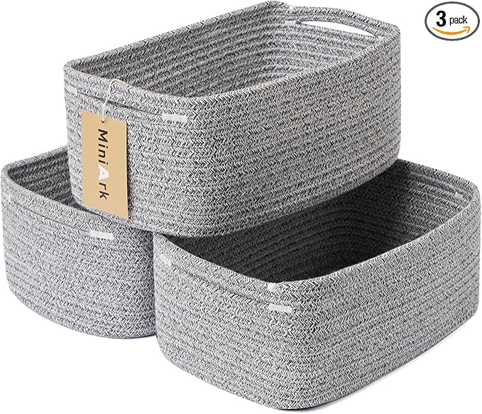 MiniArk Small Storage Baskets for Organizing | Closet Organizer Bins | Shelf Toy Basket | Woven Rope Baskets | Cube Decorative Box | Shallow Basket | 13x8.5x5.1” | 3 Packs Mixed Grey