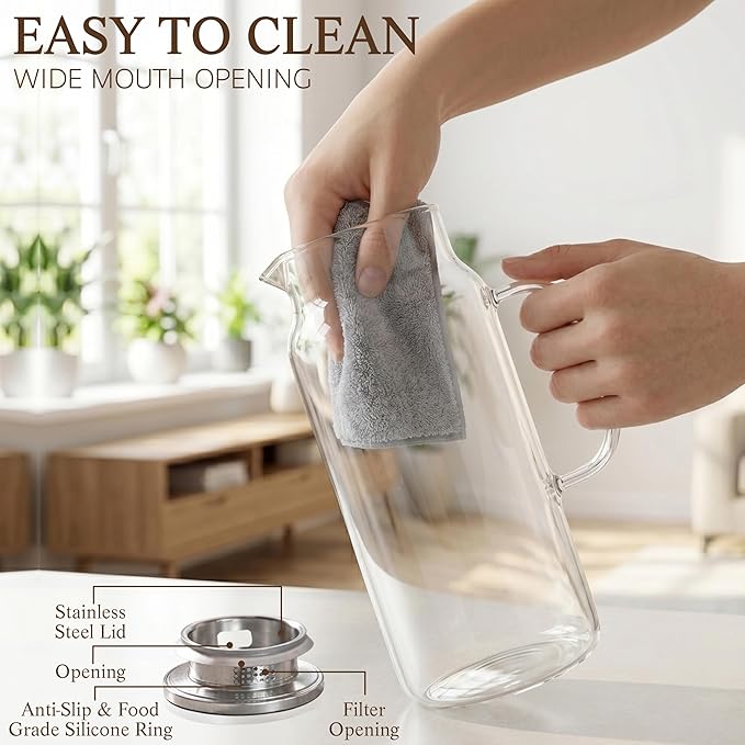 Glass Pitcher with Lid and Handle, 68oz 2 Liter Borosilicate Glass Water Pitcher for Fridge, Heat Resistant Iced Tea Pitcher, Glass Carafe for Hot Cold Beverages Juice Lemonade