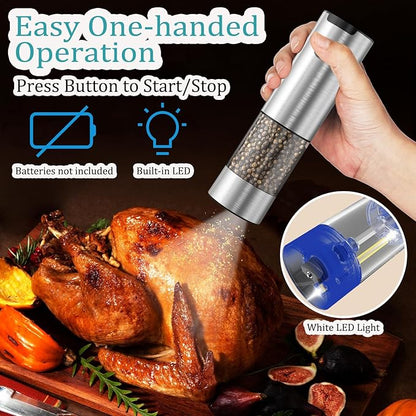Electric Salt and Pepper Grinder Set, Automatic Salt Pepper Mill Grinder with Adjustable Coarseness, 95ml Large Capacity, LED Light & Easy Refill, Battery Operated Spice Grinders for Kitchen (Sliver)