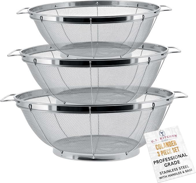 U.S. Kitchen Supply Set of 3 Stainless Steel Colander Strainers Net Baskets 5, 4, & 3-Quart - Colander with Handles & Resting Base - Stainless Steel Sieve, Mesh Strainers and Colanders for Kitchen by USKitchenSupply