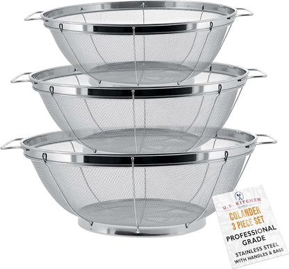 U.S. Kitchen Supply Set of 3 Stainless Steel Colander Strainers Net Baskets 5, 4, & 3-Quart - Colander with Handles & Resting Base - Stainless Steel Sieve, Mesh Strainers and Colanders for Kitchen by USKitchenSupply