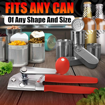 Commercial Can Opener for Large and Small Cans - Manual Stainless Steel Can Opener with Ergonomic Long Handles - 360° Smooth Crank, Non Slip Grip, 2 in 1 Bottle Opener for Home, Cafes and Restaurants