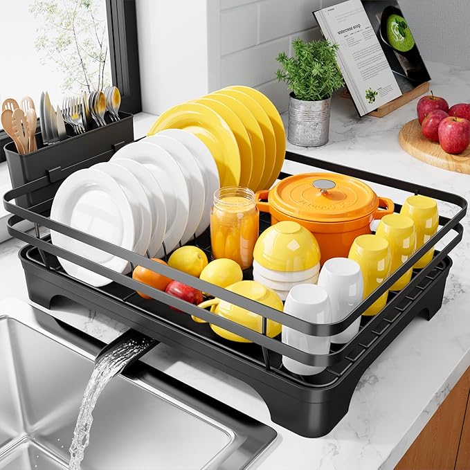 Kitsure Dish Drying Rack - Multi-Functional Dish Rack for Kitchen Counter with Cutlery Holder, Rust-Proof Storage Solution with Rotatable, 15.7" x 12.0" x 5.5", Black by Kitsure