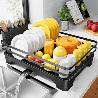 Kitsure Dish Drying Rack - Multi-Functional Dish Rack for Kitchen Counter with Cutlery Holder, Rust-Proof Storage Solution with Rotatable, 15.7" x 12.0" x 5.5", Black by Kitsure