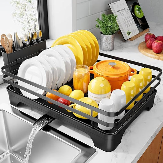 Kitsure Dish Drying Rack - Multi-Functional Dish Rack for Kitchen Counter with Cutlery Holder, Rust-Proof Storage Solution with Rotatable, 15.7" x 12.0" x 5.5", Black by Kitsure