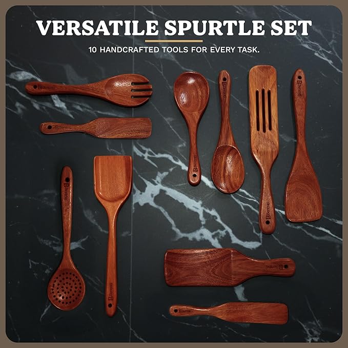 10Pcs Wooden Kitchen Utensil Set, Premium Natural Acacia Wood Cooking Utensils for Nonstick Cookware, Spoon Spatula Turner Ladle Skimmer Serving Tools
