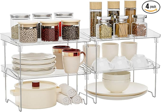 STARLATTA Acrylic Cabinet Organizer Shelf,4 Pcs Stackable Kitchen Counter Shelves,Spice Rack,Countertop Organizers,Clear Plastic Storage Organization for Makeup，Bathroom,Cupboard,Desk,Pantry by STARLATTA