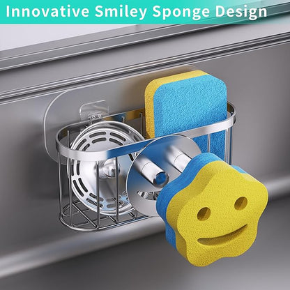 HapiRm Sink Caddy Sponge Holder - 2 Installation Ways Kitchen Sink Organizer with Smiley Face Sponge Holder, Stainless Steel Kitchen Caddy - Silver - Image 2