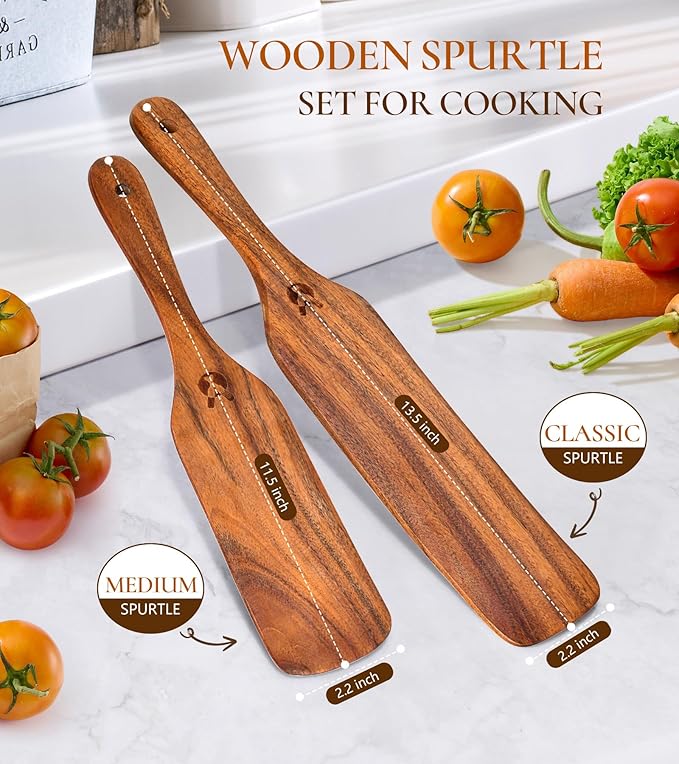 2Pcs Spurtles Kitchen Tools Wooden, Wooden Spurtle Spatula Set for Sourdough Starter, Natural from High Moist Resistance Teak, Kitchen Utensils for NonStick Cookware - Image 3