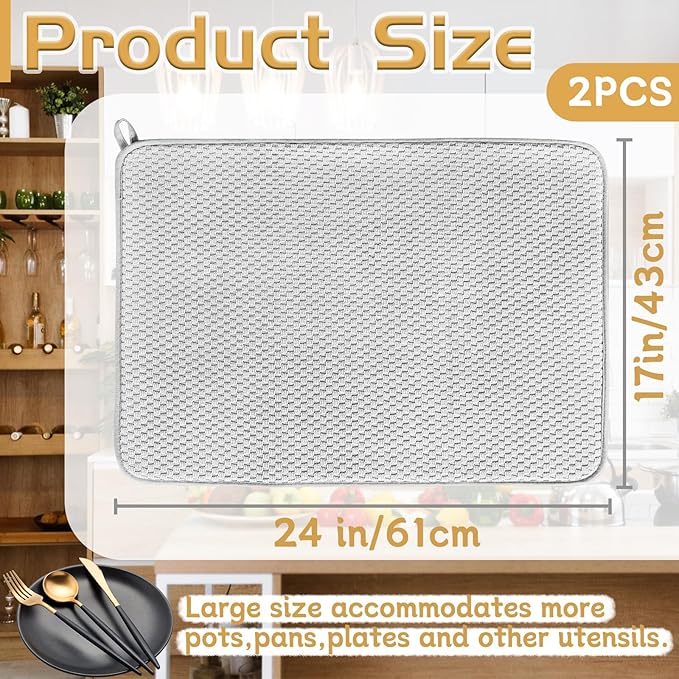 2 Pack Microfiber Dish Drying Mat,24x17" Large Size Highly Absorbent Dish Drainer Mat,Kitchen Counter Quick Dry Pads for Under Sink,Coffee Rack(Gray) - Image 2