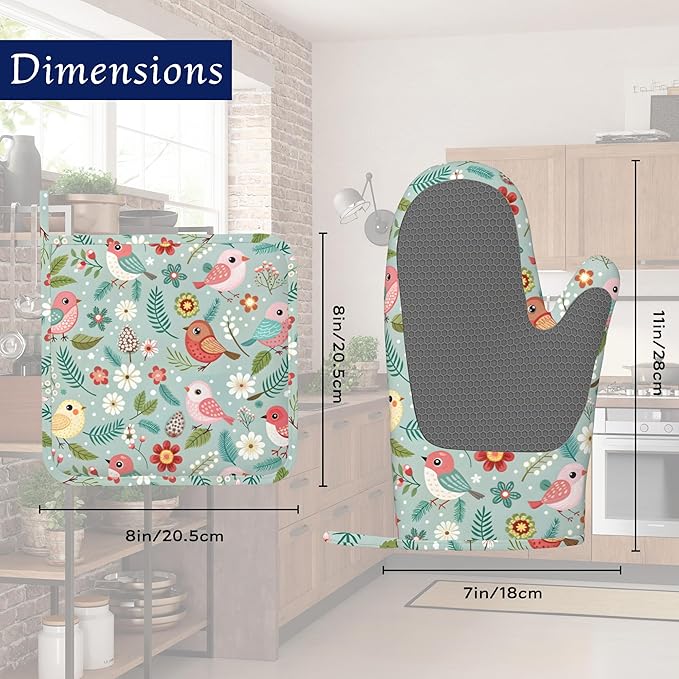 Birds Floral Potholders & Oven Mitts Sets Colourful Flowers Silicone Heat Resistant Oven Mits and Hot Pads Non-Slip Pot Holders Gloves for Kitchen Chef Cooking Baking Grilling BBQ