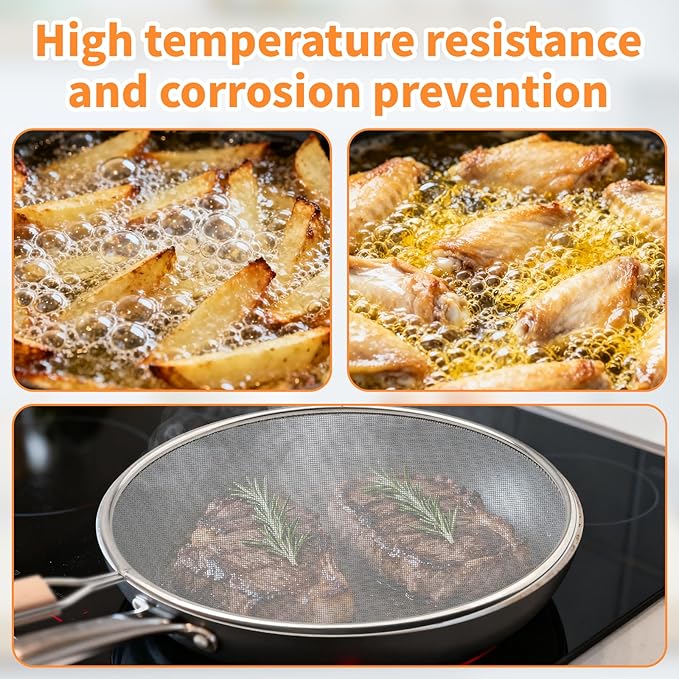 Grease Splatter Screen for Frying Pan - 8Inch Stainless Steel Splatter Guards Mesh with Wood Handle, Pan Cooking Pots Food Strainer, Hot Oil Splash Protector Splatters Screen for Frying Pans - Image 4