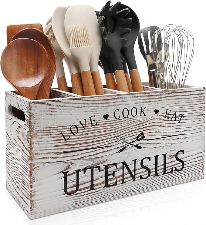 Rustic White Wooden Utensil Holder for Kitchen Counter Decor Extra Large Utensil Crock Organizer Silverware Caddy Farmhouse Wood Cutlery Holder Cooking Utensil Stand Storage kitchen Tools Holder by Renawe