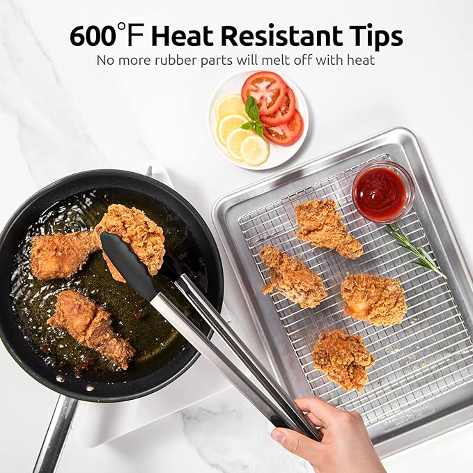 600ºF Heat Resistant Kitchen Tongs: U-Taste 16 inch Extra Long Large Silicone Cooking Tong with Sturdy Non Stick Rubber Tips & Non Slip Silicon Coated 18/8 Stainless Steel Handle for Grill BBQ (Black) - Image 3