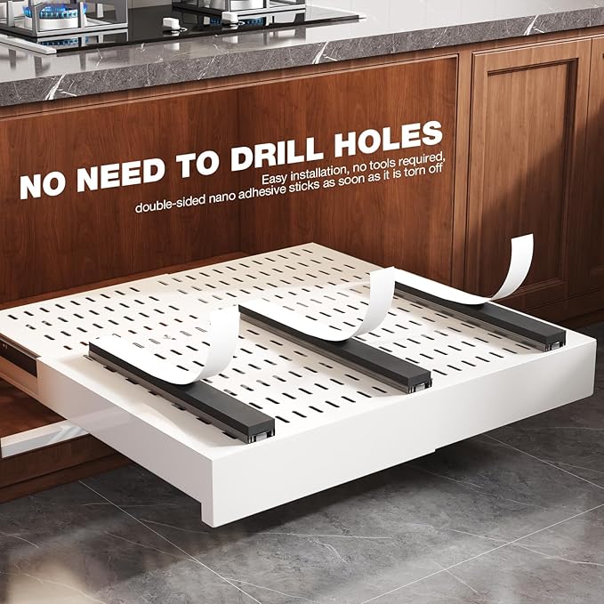 Seinloes 2 Pack Pull Out Cabinet Organizer Expandable Width(15"-25") and Depth(17"-24"),Slide Out Drawers With Raising Pad for Framed Cabinets,No Drill Roll Out Shelves for kitchen,Bathroom,White - Image 6