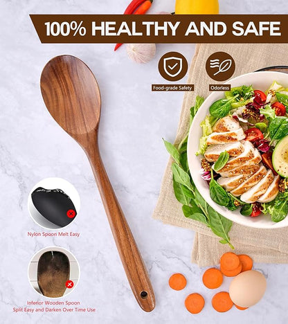 Wooden Spoons for Cooking, Natural Premium Teak Wooden Spoons, Good Grip Large Cooking Spoons and Wooden Spatula, Heat Resistant Wooden Cooking Utensils for Nonstick Cookware Serving, Perfect Gifts - Image 5