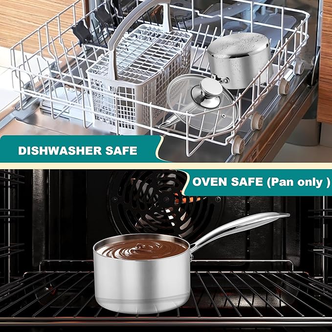 P&P CHEF 1 Quart Tri-Ply Stockpot and Saucepan, Stainless Steel Sauce Pan with Lid, Cooking Induction Pot, Kitchen Cookware for All Stoves, Non-Toxic, Sturdy & Dishwasher Safe, 1 Piece