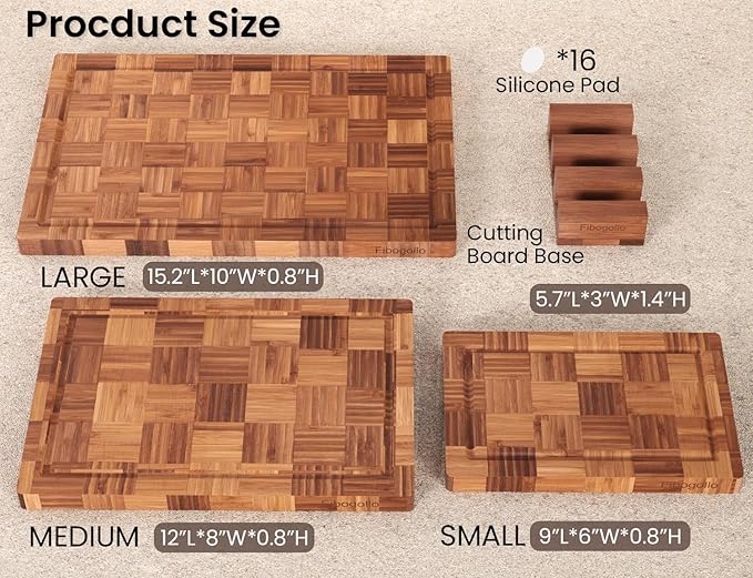 Fibogollo Bamboo Cutting Boards for Kitchen,Chopping Boards Set with Juice Groove,End Grain Bamboo Butcher Block,Serving Board with Holder(3 Pcs) - Image 6