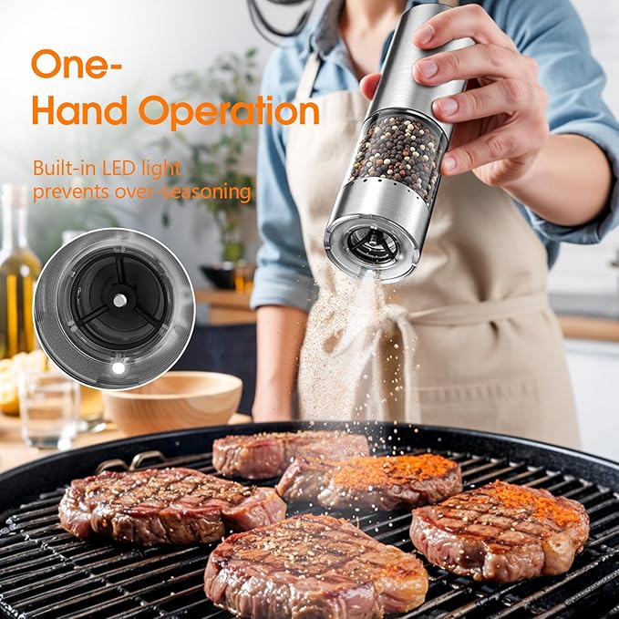 WOWBOX Electric Salt and Pepper Grinder Set 2 PCS, Stainless Steel Automatic Coarseness, Rechargeable Salt and Pepper Shakers, 95 L Large Capacity Multifunctional Pepper Mill, for Kitchen - Image 2
