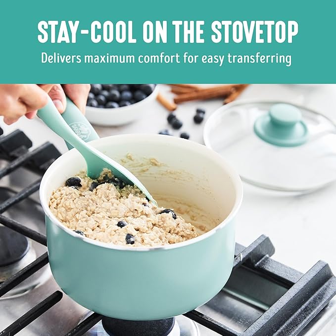 GreenLife 2.5QT Nonstick Saucepan with Glass Lid, Soft Grip, PFAS-Free Ceramic, Multipurpose Chef Pan, Milk & Sauce Cooking Pot, Dishwasher & Oven Safe to 350˚F, Stay-Cool Handle, Turquoise - Image 4