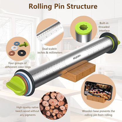 Stainless Steel Rolling Pin with Thickness Rings and Wooden Stand Dough Thickness for Baking, Fondant, Pizza, Pie Crust, Cookies, Pastries, 13.6" Rolling Pin with 4 Multi-Color Thickness Rings