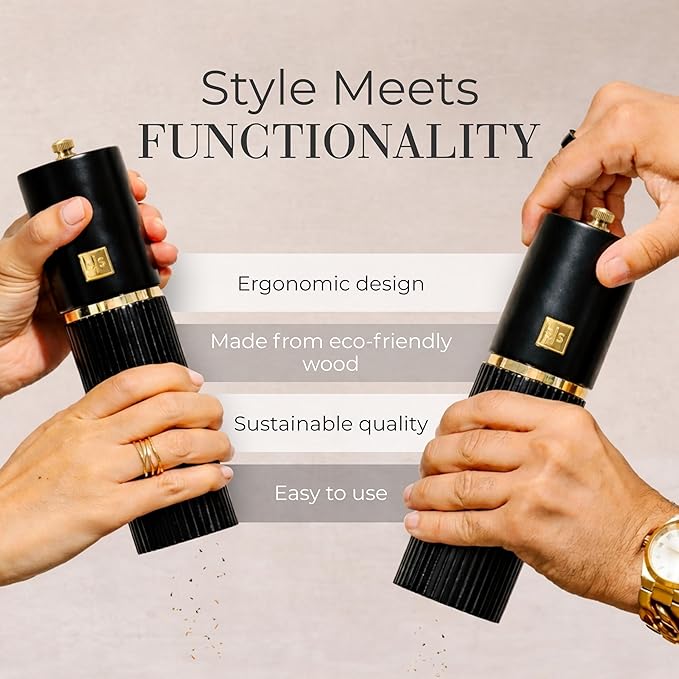 Wooden Salt and Pepper Grinder Set – Refillable Manual Salt and Pepper Mills with Adjustable Ceramic Burrs, Gold Detailing, and Wood Stand – Black - Image 4