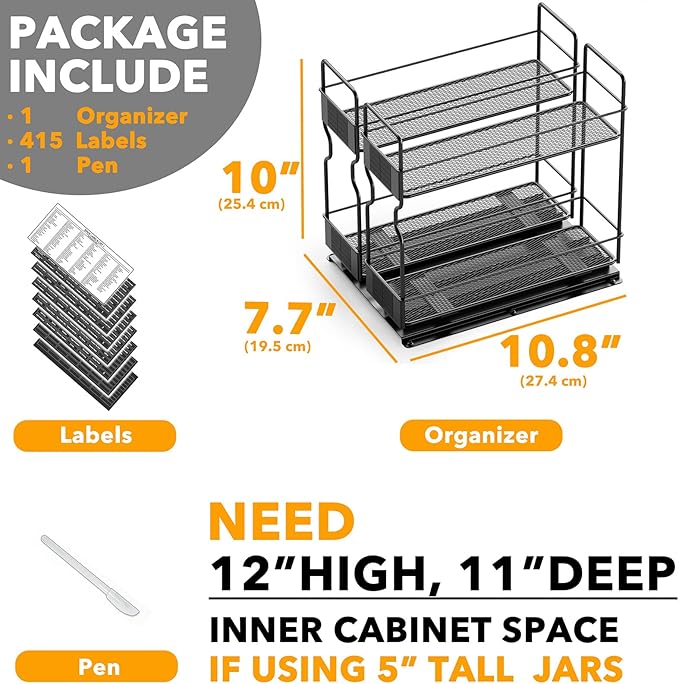 SpaceAid Pull Out Spice Rack Organizer for Cabinet, Heavy Duty Slide Out Seasoning Kitchen Organizer, Cabinet Organizer, with Labels, 7.7" W x10.75 D x10 H, 2 Drawers 2-Tier - Image 6