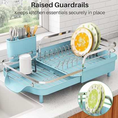 SAYZH Dish Drying Rack - Expandable Dish Rack for Kitchen Counter, Rust-Resistant Dish Drainer with Utensil Holder and Raised Guardrail, Kitchen Organizer for Cup and Bottle (Blue) - Image 6