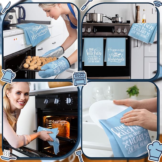 Sratte 6 Pcs Kitchen Decor Accessories Set Farmhouse Towels Pot Holders Oven Mitts Set 2 Dish Towels 2 Potholders 2 Cooking Mittens Oven Glove for Christmas Baking Cooking Supply(Light Blue,Kitchen) - Image 6
