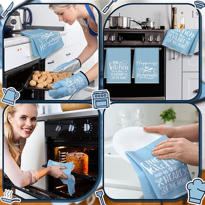 Sratte 6 Pcs Kitchen Decor Accessories Set Farmhouse Towels Pot Holders Oven Mitts Set 2 Dish Towels 2 Potholders 2 Cooking Mittens Oven Glove for Christmas Baking Cooking Supply(Light Blue,Kitchen) - Image 6