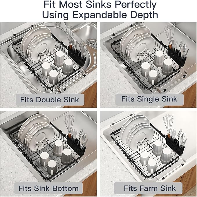 MAJALiS Expandable Stainless Steel Over The Sink Dish Drying Rack for Small Kitchen Counter Space Saving, Compact RV Plate Drainer Strainer in Black Wire Metal with Hanging Adjustable Utensil Holder - Image 4