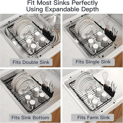 MAJALiS Expandable Stainless Steel Over The Sink Dish Drying Rack for Small Kitchen Counter Space Saving, Compact RV Plate Drainer Strainer in Black Wire Metal with Hanging Adjustable Utensil Holder - Image 4
