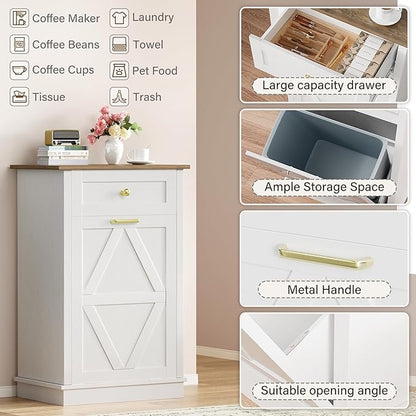 YESHOMY 10 Gallon Tilt-Out Trash Cabinet, Wooden Hidden Garbage Can Holder with Storage Drawers for Kitchen and Dining Room, White (2 Piece)