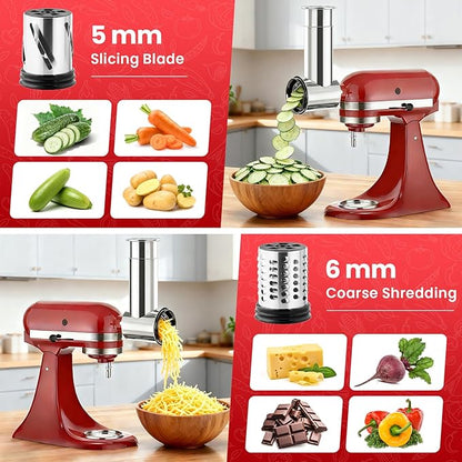KITOART Stainless Steel Slicer Shredder & Cheese Grater Attachment for Kitchenaid Stand Mixer - Included Salad Maker, Grinding Powder, Dishwasher Safe with 4 Blades
