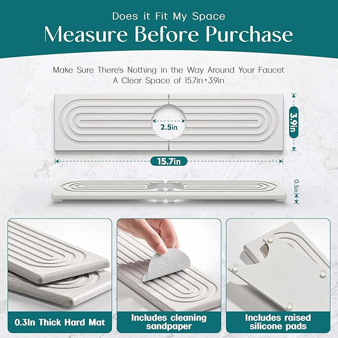 Eormoe Kitchen Sink Faucet Mat - 15.7in Diatomite Sink Protectors for Kitchen Sink, Stone Sink Splash Guard for Kitchen Counter Sink Accessories (Light Grey, 15.7'' x 3.9'') - Image 5