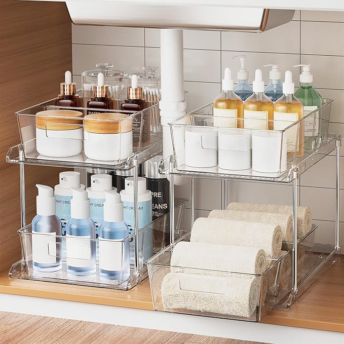 Fabspace Pull-out Home Organizer, 2 Pack 2 Tier Clear Bathroom Organizer with Dividers, Multipurpose Vanity Counter Tray, Kitchen, Closet Organizers, Cabinet & Storage Container Bins by Fabspace