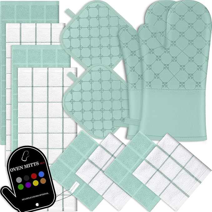 Oven Mitts Kitchen Towels Dishcloths with Pot Holders Sets 12PCS,Dish Towels Sets,Oven Gloves Pot Pads Heat Resistant 500 Degrees with Non-Slip Silicone Surface for Cooking Baking Grilling-Mint Green by BSKSSK