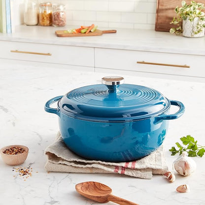 Lodge 4.5 Quart Enameled Cast Iron Dutch Oven with Lid – Dual Handles – Oven Safe up to 500° F or on Stovetop - Use to Marinate, Cook, Bake, Refrigerate and Serve – Cornflower Blue - Image 8