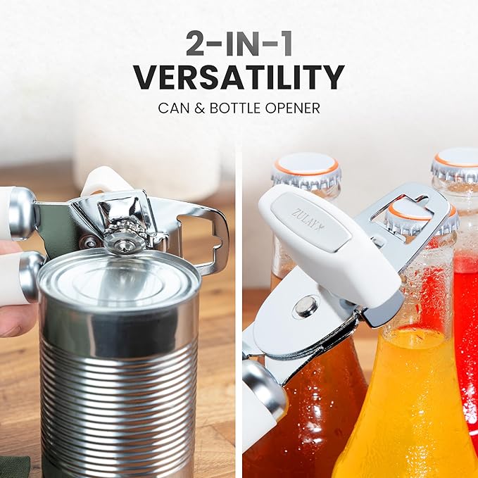 Zulay Kitchen Heavy Duty Stainless Steel Can Opener Manual with Bottle Opener - Rust Proof Manual Can Opener With Turn Knob & Comfy Soft Grip Handles - White - Image 7
