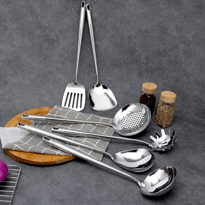 VALESKA 6PCS Stainless Steel Cooking Utensils Set,18/10 Metal Kitchen Utensils Set, Include Wok Spatula Stainless Steel,Metal Pasta Spoon and etc,Easy to Clean - Image 7