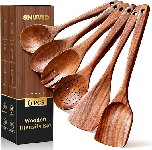 Premium Teak Wooden Spoons for Cooking, 6-Piece Wood Kitchen Utensils Set for Nonstick Cookware - Heat Resistant, Natural Healthy Spatula Set with Hanging Holes - Durable, Scratch-Free & Handcrafted by Unknown