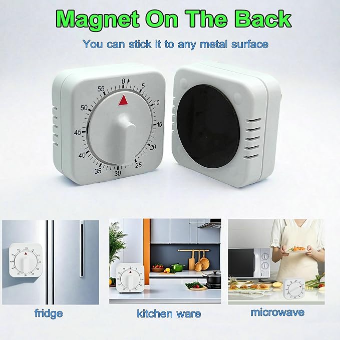 Square 60 Minute Mechanical Kitchen Timer, Easy to Use Visual Cooking Timer with Strong Magnet and Loud Alarm, Manual Countdown Timer for Classroom, Home, Study and Cooking (2 Pack) - Image 2